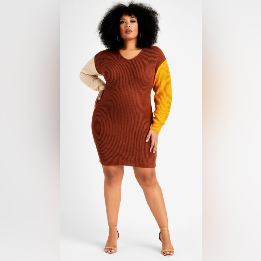 NEW Ashley Stewart Colorblock Cable Knit V-Back Knot Sweater Dress Size 14/16 - Picture 2 of 10
